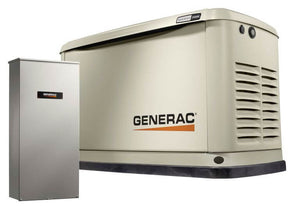 Off white metal generator, black and orange Generac logo on Botton right corner